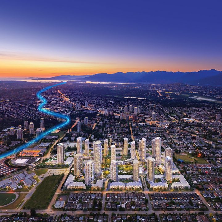 Ledingham McAllister Real Estate Developers, Apartments For Sale, Ledmac Homes, New Condos, Vancouver, Burnaby - Southgate_City_72dpi With Blue SkyTrain Linejpg